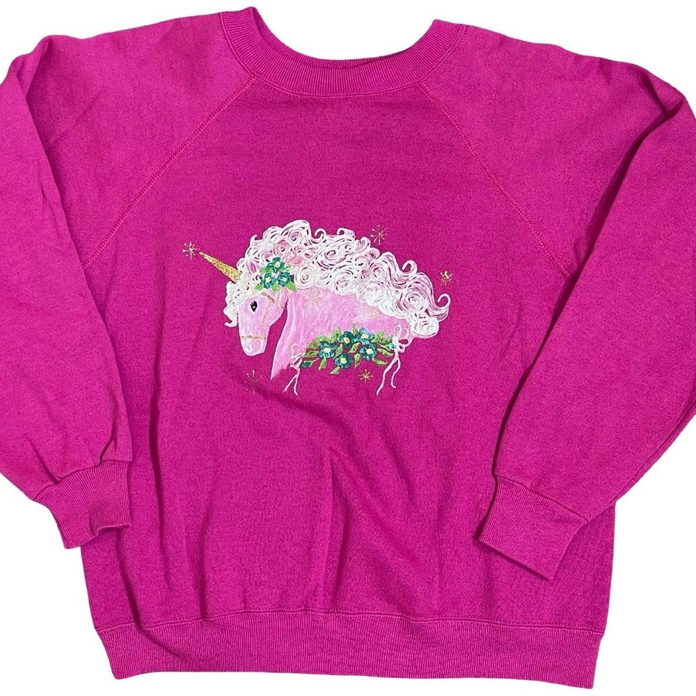 Vintage Hanes Her Way Puffy Paint Unicorn Sweatshirt Women L Pink 90s Whimsical